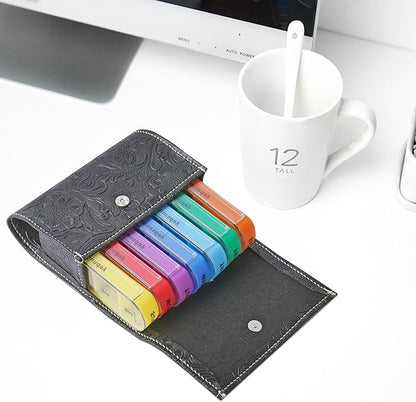 Pill Organizer,LIZIMANDU Weekly Travel Pill Case Box Medication Reminder Daily AM PM, Day Night 7 Compartments,for 4 Times A Day, 7 Days a Week-Includes Leather PU Carrying Case(1-Carved Black2)