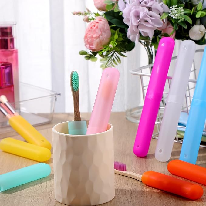 Sieral 90 Pack Travel Toothbrush Case Holder Bulk Breathable Portable Toothbrush Storage 7 Assorted Color Plastic Toothbrush Container for Home Outdoor Traveling Trip Camping, 8 x 1.2 Inch