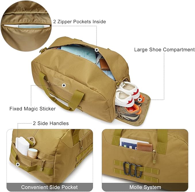 G4Free 70L Large Tactical Duffle Bag Men Sports Gym Backpack with Shoes Compartment Military MOLLE Duffel Backpack (Brown)