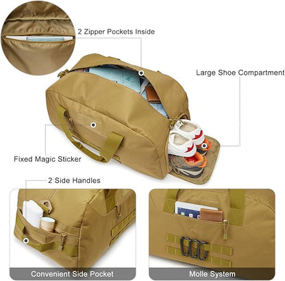 G4Free 70L Large Tactical Duffle Bag Men Sports Gym Backpack with Shoes Compartment Military MOLLE Duffel Backpack (Brown)