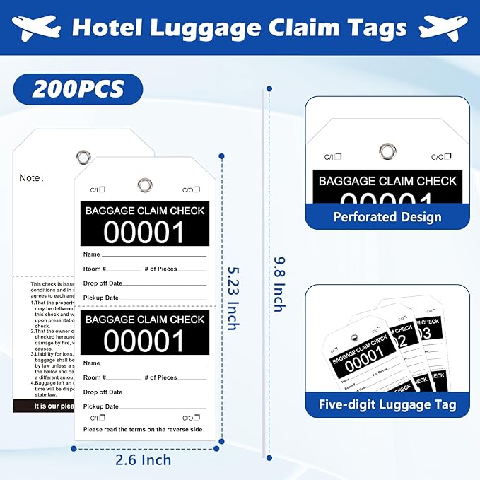 200 Pcs Baggage Claim Tag Hotel Luggage Tag Bulk with White String Paper Baggage Claim Check Tags Perforated Claim Ticket Black Luggage Id Tickets Serial Numbering for Hotel Motel Bag Storage