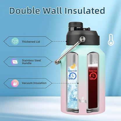 Half Gallon Jug with Handle,64 oz Insulated Water Bottle with Carrying Pouch,Double Wall Vacuum Stainless Steel Metal Bottle,Gum