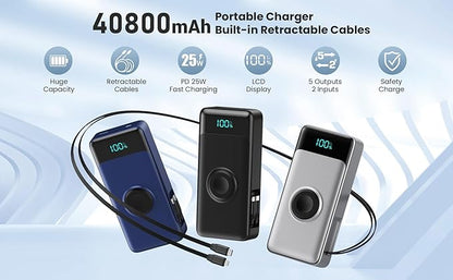 5-in-1 Portable Charger for iPhone,40800mAh Power Bank Built-in Retractable Cable and iWatch Charger,25W PD QC4.0 Fast Charging Battery Pack,Travel Essential Charger for iPhone 17/Air/16,Android,Blue