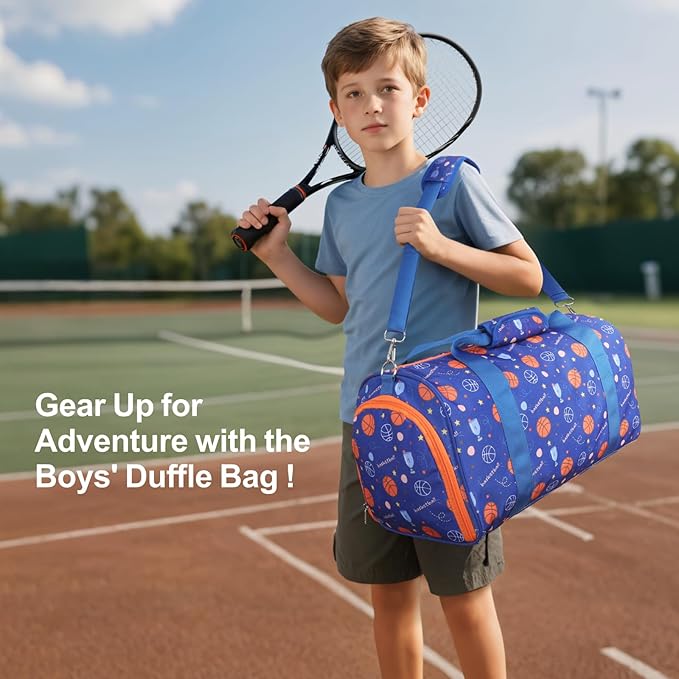 Bagseri Travel Duffle Bag Boys - Waterproof Kids Gym Sports Bag for Overnight Sleepover Bag with Shoe Compartment and Dry Wet Separation Pockets (Blue Basketball)