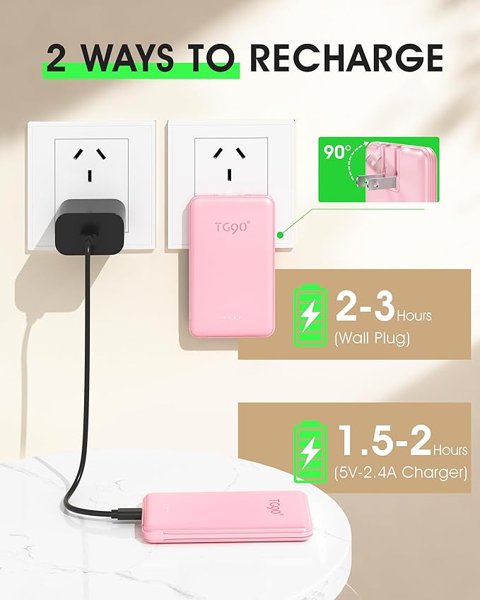 TG90° 5000mAh Portable Charger Built-in AC Wall Plug and Cables, Slim Fast Charging Power Bank, Pocket Size USB C External Battery Pack Compatible with iPhone 17 16 15 14 13 12 Samsung Google iPad