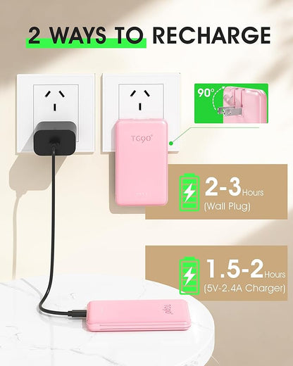 TG90° 2 Pack 5000mAh Portable Charger,Mini Power Bank Built-in Foldable AC Plug and Cables,Pocket Size USB C External Battery Pack Compatible with iPhone 17 16 15 14 Samsung Google iPad,Black & Pink