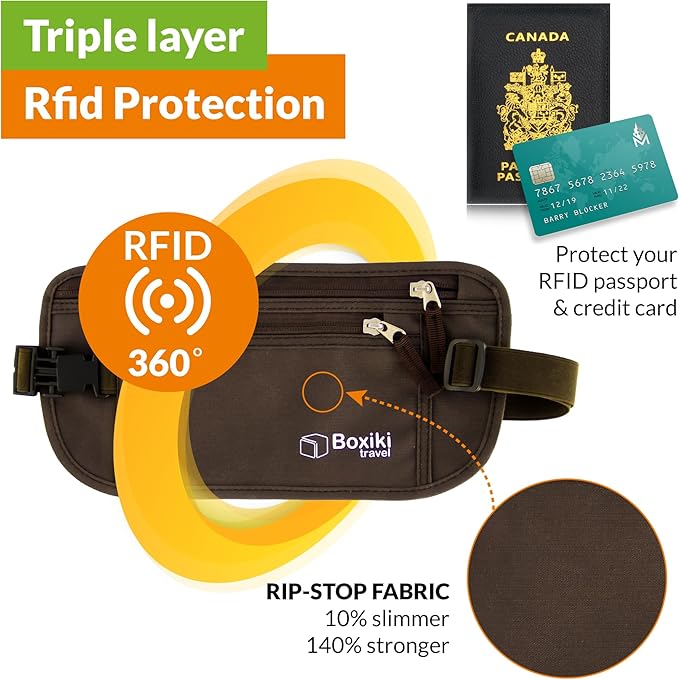 Money Belt for Travel with RFID Blocking Technology - Hidden Travel Money Pouch for Cash, Credit Cards, Passport, and Travel Valuables - Secure Water Resistant Money Belt for Men and Women (Brown)