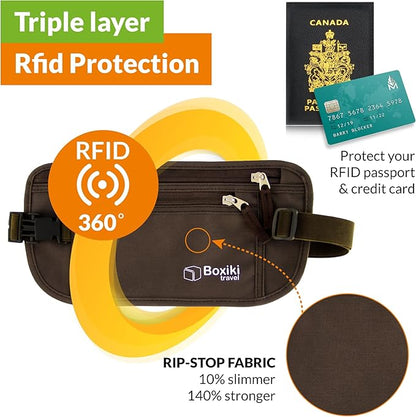 Money Belt for Travel with RFID Blocking Technology - Hidden Travel Money Pouch for Cash, Credit Cards, Passport, and Travel Valuables - Secure Water Resistant Money Belt for Men and Women (Brown)