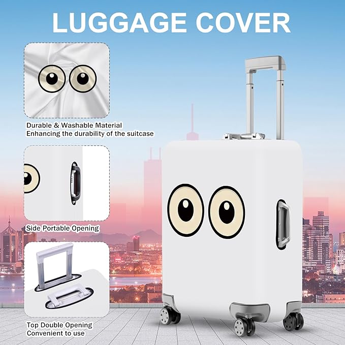 ANNA QUEEN Funny Cartoon Eyes Luggage Cover, White Suitcase Protector with Cute Big Eyes Design, Travel Suitcase Cover for 24-26 Inch Luggage, Stretchable & Washable Spandex Travel Accessories