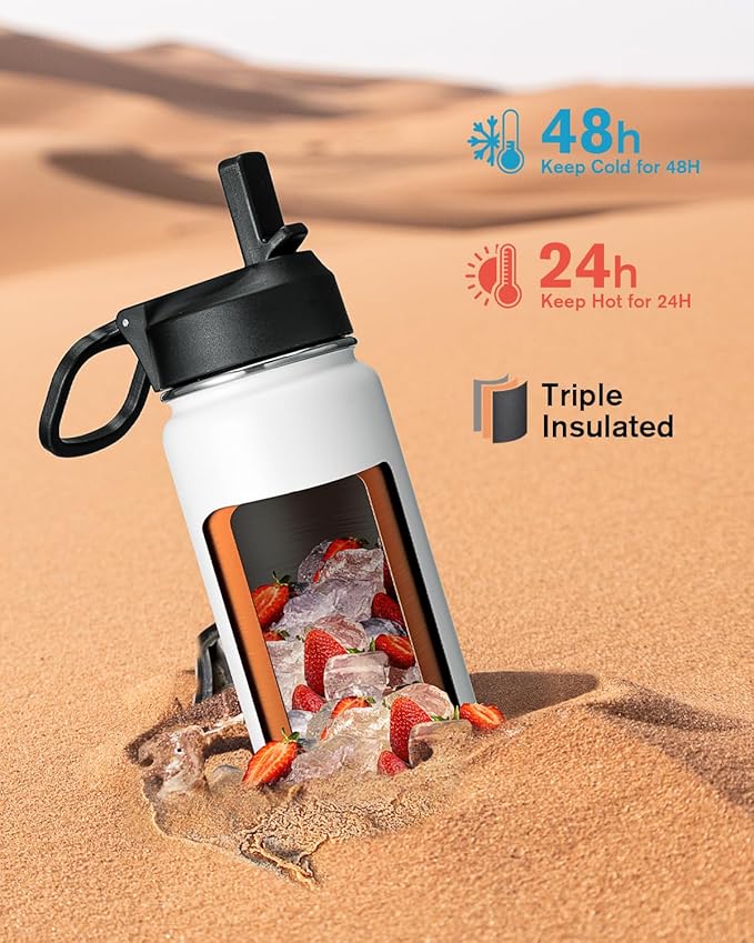 Coolflask Water Bottle 24 oz Insulated with Straw, Stainless Steel Metal 3 Lids Water Flask Wide Mouth for Sports or Office, Non-BPA Keep Cold Up to 48 Hrs or Hot Up to 24 Hrs, White