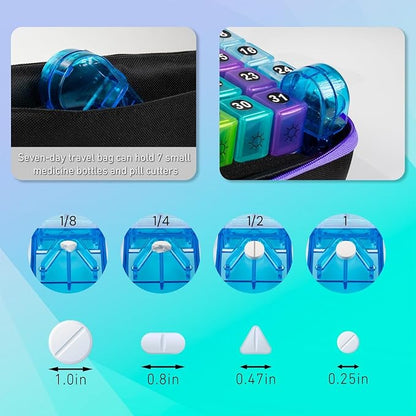 Monthly Pill Organizer, Medicine Organizer Box with Portable Hard Shell and Pill Cutter, 31 Day Pill Holder with Weekly Pill Bag (Purple, 2 Times a Day)