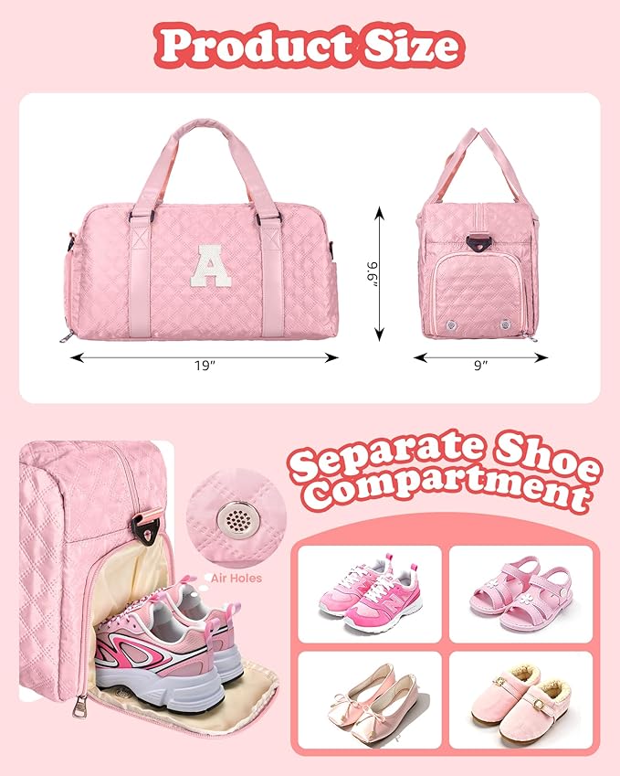 Initial Gym Bag for Girls, Kids Travel Duffel Bag, Graduation Gifts for Her, Personalized Weekender Bag with Shoes Compartment, Gifts for Mom, Girls Gifts for Kids