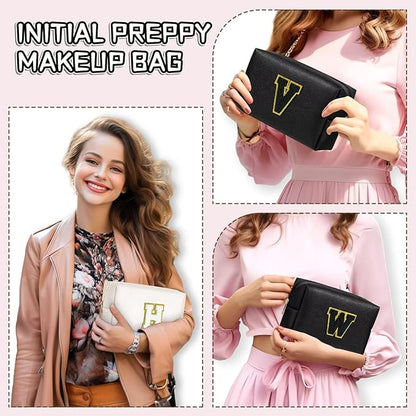 TOPEAST Preppy Stuff for Girls, Initial Makeup Bag Chenille Letter Pouch Cosmetic Bag with Zipper, PU Leather Waterproof Toiletry Bag, Cute Stuff Birthday Gift for Friends Sister (Black T)