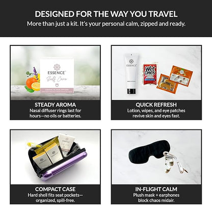 Essence Travel Amenity Kit - Compact Wellness Organizer with 5 Nasal Diffusers + 9 Traveler Comfort Essentials for Flights, Hotels & Adventures - Wearable Aromatherapy Self-Care On the Go