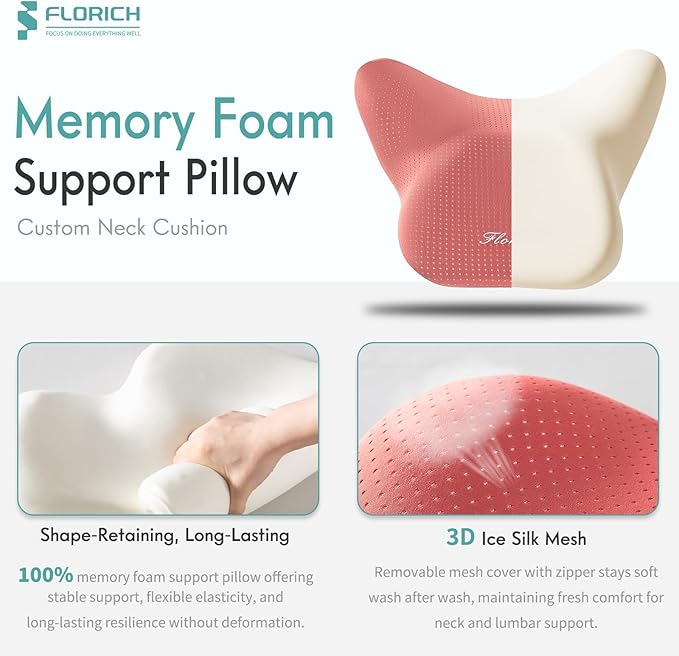 FLORICH Car Seat Cushion and Lumbar Support Pillow for Office Chair Car, Neck Headrest Pillow, Ergonomic Memory Foam, Pressure-Relieving Back Support for Car, Office Chair & Wheelchair – Red