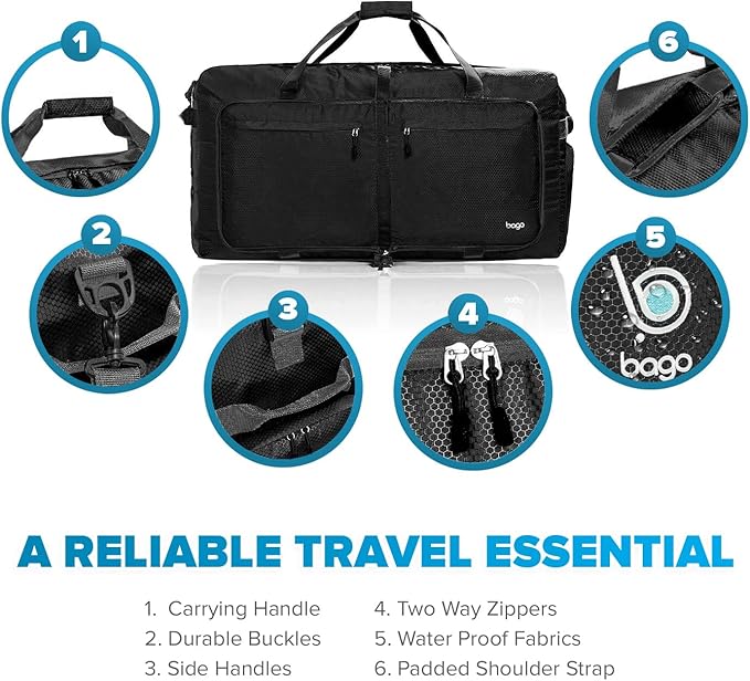 Bago Large Foldable Duffel Bags for Traveling Women & Men - 100L Packable Duffle Bag for Travel with Shoe Compartment - Water Repellant, Heavy Duty, Lightweight Folding & Collapsible (All Black)