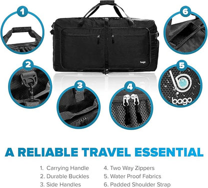 Bago Big XXL Foldable Duffel Bags for Traveling Women & Men - 140L Packable Duffle Bag for Travel with Shoe Compartment - Water Repellant, Heavy Duty, Lightweight Folding & Collapsible (All Black)