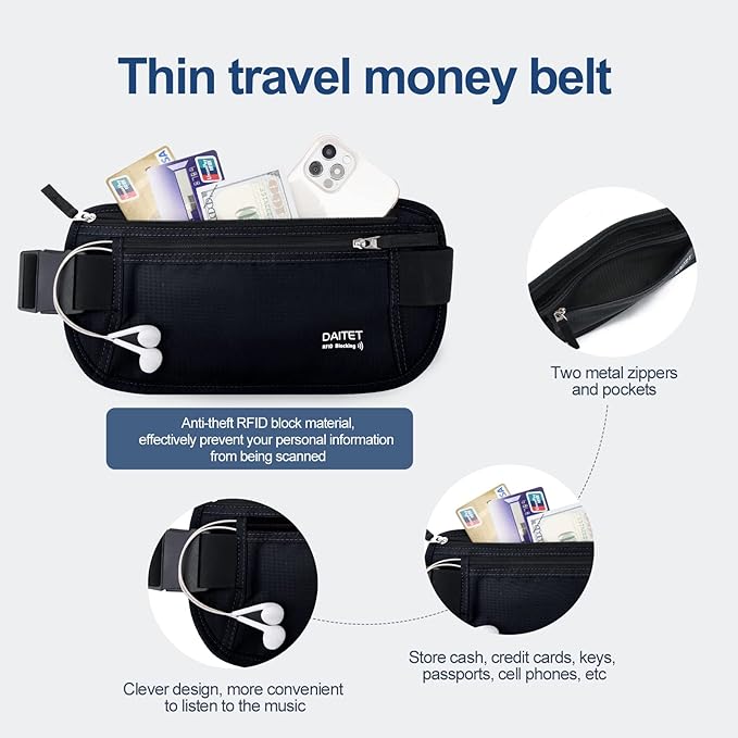 RFID Blocking Money Belt for Men Women, Slim Fanny Pack For Travel，Running,Conceal Waist Wallet For Passport Holder,Phone,Cash(Dark Black)