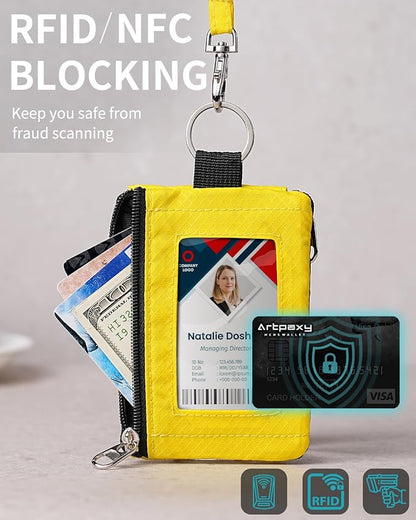Minimalist Wallet For Mens Womens, Keychain RFID Blocking Zipper Small Wallet with ID Window 2 Lanyards,Water Resistant Travel Cash Card Coin Case Boys Girls