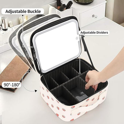 TANTO Makeup Bag With LED Mirror, Travel Makeup Case with Light up Mirror Fashion Cute Cosmetic Bag with 3 Color Lighted Portable Organizer Case with Adjustable Dividers （Strawberry/Beige,Small）