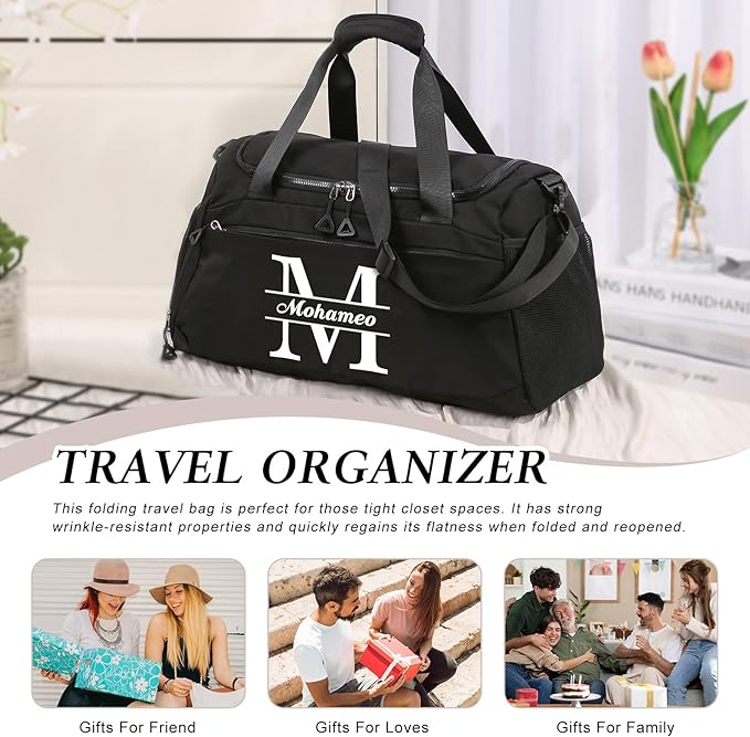 Personalized Travel Duffel Bag with Name - Custom Letter Oxford Cloth Gym Bag with Shoes & Wet Pockets Sport Bag Weekender Overnight Bag for Traveling for Women Men Gift for Christmas Groomsman Brides