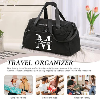 Personalized Travel Duffel Bag with Name - Custom Letter Oxford Cloth Gym Bag with Shoes & Wet Pockets Sport Bag Weekender Overnight Bag for Traveling for Women Men Gift for Christmas Groomsman Brides