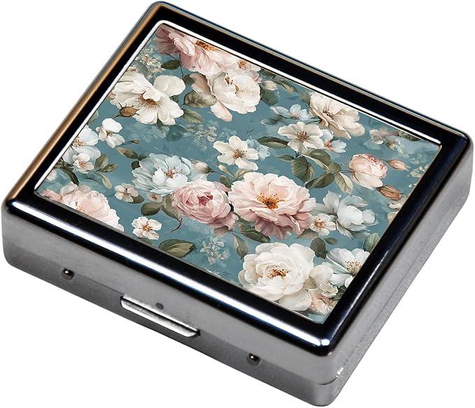 7 Days Chromed Shiny Silver Pill Organizer with Mirror Inside Has 8 Separate Compartments Rectangle,Versatile Storage for Medication - Ideal Travel Accessory (Painted Flowers)