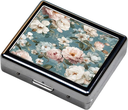 7 Days Chromed Shiny Silver Pill Organizer with Mirror Inside Has 8 Separate Compartments Rectangle,Versatile Storage for Medication - Ideal Travel Accessory (Painted Flowers)