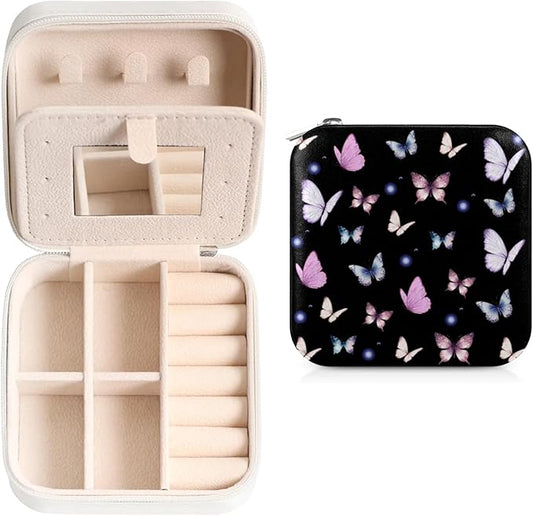 Colorful Butterfly Leather Jewelry Boxes, Black Mini Travel Jewelry Case Organizer, Dark Romance Jewelry Organizers and Storage with Mirror, Christmas and Birthday Present for Women's and Girls