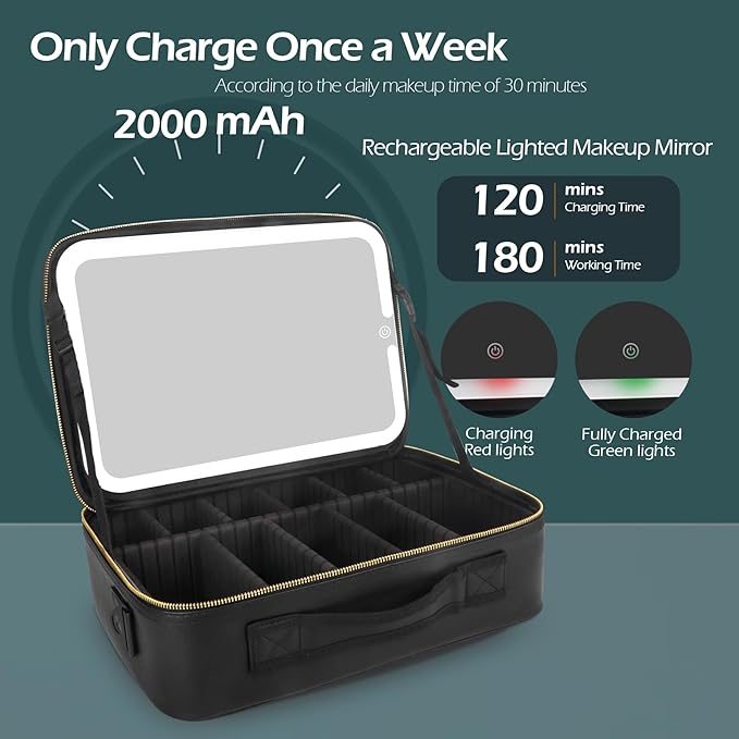 MOMIRA Large Makeup Train Case with Lighted and Mirror Partitionable Cosmetic Bag Travel Makeup Case Professional Cosmetic Artist Organizer, Waterproof Portable, with Shoulder Stra