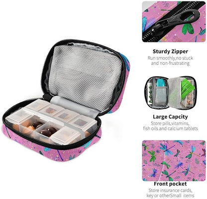 Deep Pink Dragonflies and Leaves Travel Pill Organizer Case Box Container Weekly Portable Vitamin Medicine Holder Storage Bag with Zipper Removable