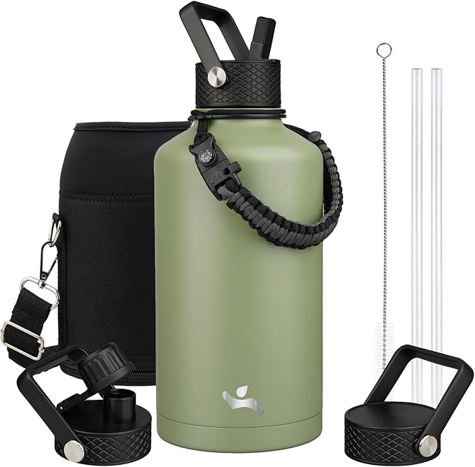 Insulated Water Bottle with Straw,87 oz 3 Lids Water Jug with Carrying Bag,Paracord Handle,Double Wall Vacuum Stainless Steel Metal Flask,Camp Green