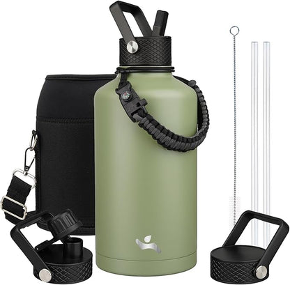 Insulated Water Bottle with Straw,87 oz 3 Lids Water Jug with Carrying Bag,Paracord Handle,Double Wall Vacuum Stainless Steel Metal Flask,Camp Green