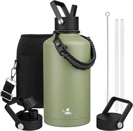 Insulated Water Bottle with Straw,87 oz 3 Lids Water Jug with Carrying Bag,Paracord Handle,Double Wall Vacuum Stainless Steel Metal Flask,Camp Green