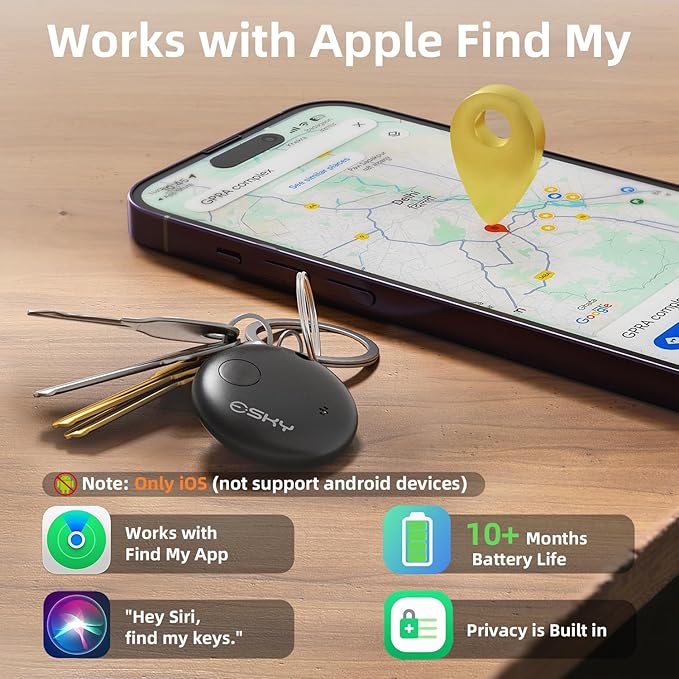 Esky Air Tracker Tags-4 Pack, Bluetooth Smart Luggage Tracker Works with Apple Find My APP (iOS Only, Not for Android), Key Finder and Item Locator for Luggage, Backpack, Suitcases, Wallet