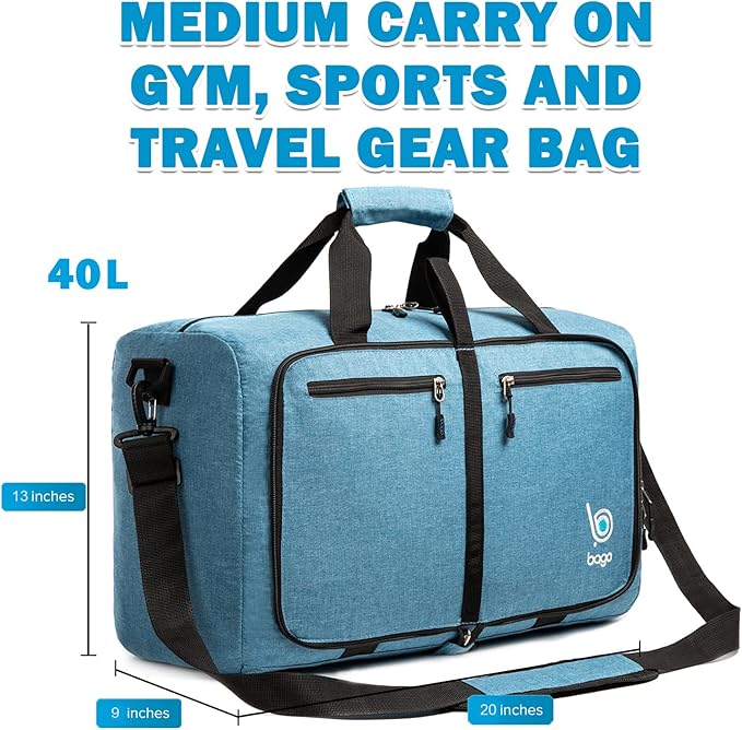 Bago Foldable Duffel Bags for Traveling Women & Men - 40L Sports Packable Duffle Bag for Travel with Shoe Compartment - Water Repellant, Heavy Duty, Lightweight Folding & Collapsible (SnowBlue)