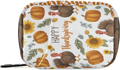 Thanksgiving Turkeys Sunflowers White Travel Pill Organizer Case Box Container Weekly Portable Vitamin Medicine Holder Storage Bag with Zipper Removable