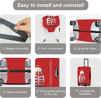 Snowman Christmas Luggage Cover - Red Background with Cute Snowman in Striped Scarf, Simple Stretchable Suitcase Cover 32 34 Inch