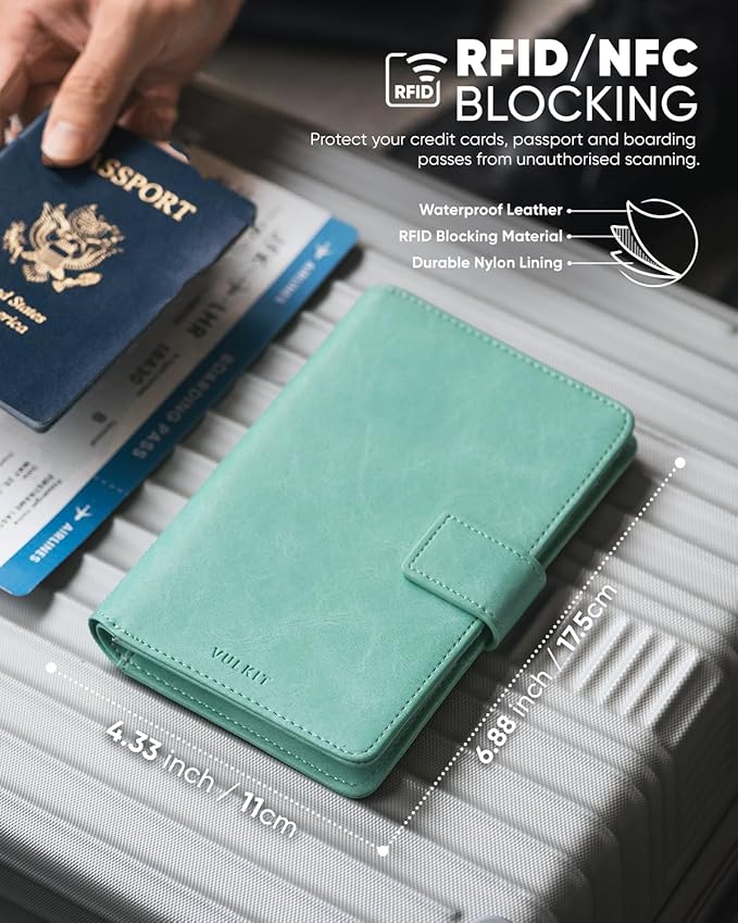 VULKIT Passport Holder with Airtag Holder RFID Blocking Passport Wallet Travel Leather Passport for Women(Mint Green)