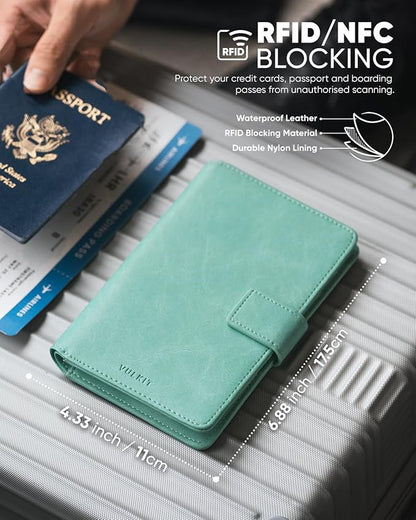 VULKIT Passport Holder with Airtag Holder RFID Blocking Passport Wallet Travel Leather Passport for Women(Mint Green)