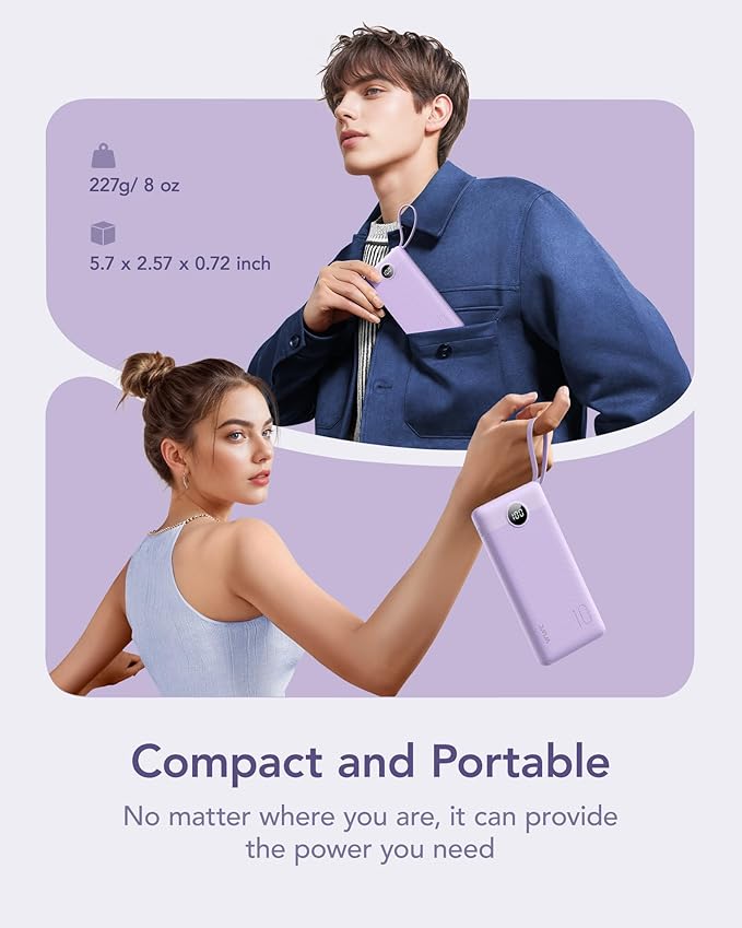VRURC Portable Charger Power Bank, 10000mAh Travel Essentials Battery Pack, 5 Outputs 2 Inputs Slim Charging Bank Built-in Cables Cords for iPhone 17 16 15 14 13,Samsung,Android-Lavender(1 Pack)