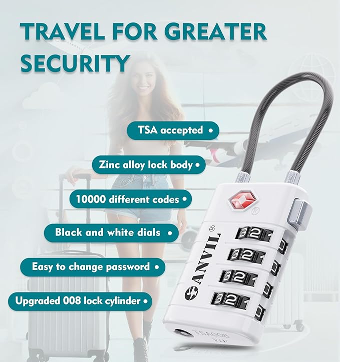 ANVIL 4 Digit Luggage Locks, TSA Locks for Luggage, Advanced TSA008 core, Alert Indicator for Your Travel Lock, Suitcase Lock. (3, White)