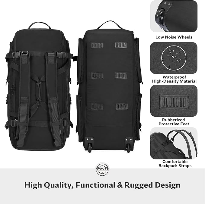STOVER 100L U-Zip Rolling Duffel Bag with Wheels, X-Large Durable Travel Duffle + Toiletry Bag, Heavy Duty, Lay-Flat Opening, Packable w/Shoulder Straps- Use as Luggage or Backpack, Men/Women (Black)