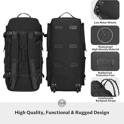 STOVER 100L U-Zip Rolling Duffel Bag with Wheels, X-Large Durable Travel Duffle + Toiletry Bag, Heavy Duty, Lay-Flat Opening, Packable w/Shoulder Straps- Use as Luggage or Backpack, Men/Women (Black)
