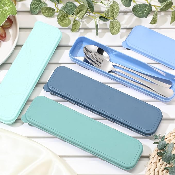 Yinkin 4 Pack Portable Travel Utensils Set with Case Reusable Stainless Steel Silverware Flatware Camping Cutlery Include Fork Spoon Knife for Work School Dishwasher Safe(Blue Color Series)