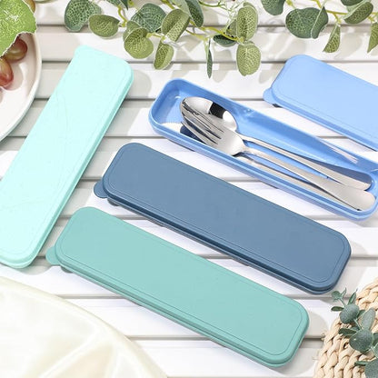 Yinkin 4 Pack Portable Travel Utensils Set with Case Reusable Stainless Steel Silverware Flatware Camping Cutlery Include Fork Spoon Knife for Work School Dishwasher Safe(Blue Color Series)