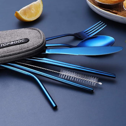 Portable Stainless Steel Flatware Set, Travel Camping Cutlery Set, Portable Utensil Travel Silverware Dinnerware Set with a Waterproof Case (Blue)