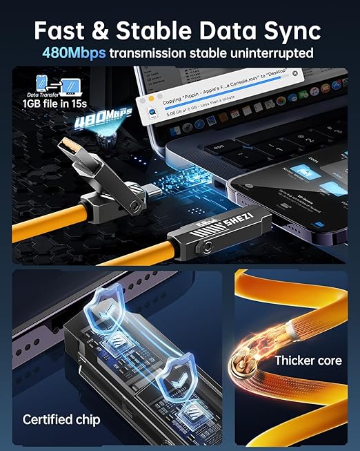 SHEZI Silicone 4 in 1 USB C Cable 60W 5FT Compatible with Lightning Cable, Fast Charging for iPhone Charger Cord [480Mbps Data Sync],Multi Charging Cable with Type C/USB A, Yellow