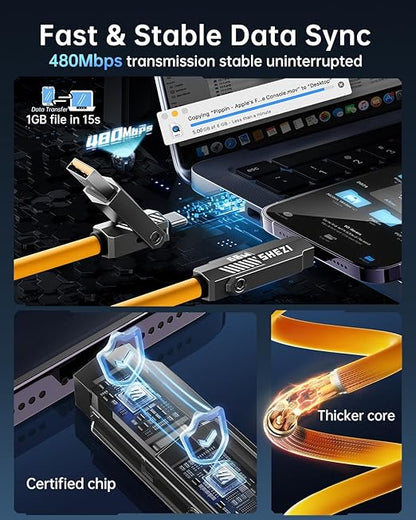 SHEZI Silicone 4 in 1 USB C Cable 60W 5FT Compatible with Lightning Cable, Fast Charging for iPhone Charger Cord [480Mbps Data Sync],Multi Charging Cable with Type C/USB A, Yellow