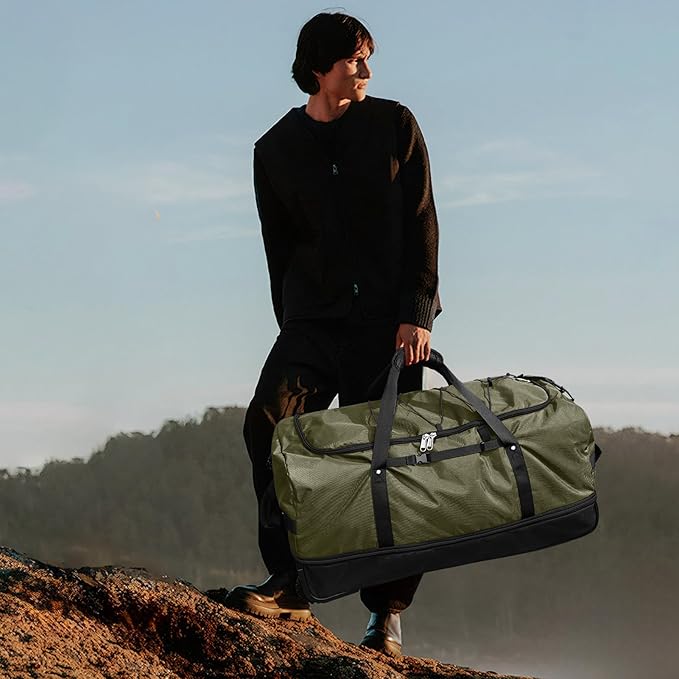 Vomgomfom Wheeled Collapsible Duffel Bag,110L-140L Expandable Checked Luggage, No-Telescopic-Handle with Anti-Burst Zipper & Reinforced Frame,Army Green